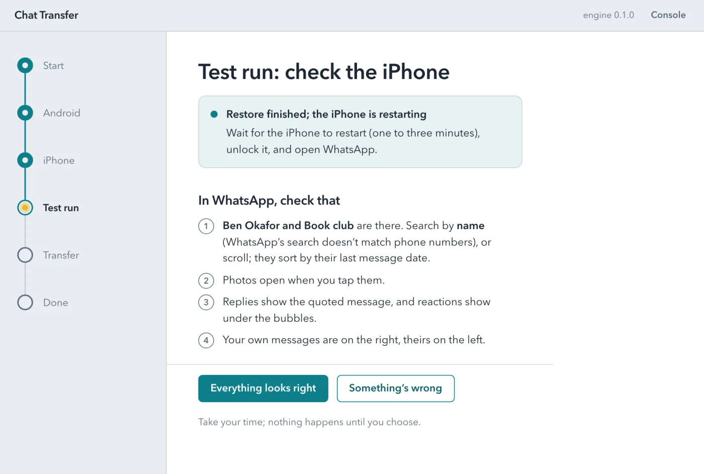 After the test restore: a list of things to check in WhatsApp, with Everything looks right and Something's wrong buttons.